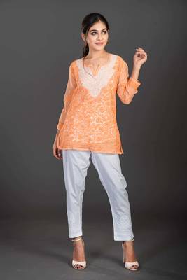Peach Georgette Cotton  3/4th Sleeves Lucknowi Chikankari Womens Kurta With Slip 1