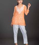Peach Georgette Cotton  3/4th Sleeves Lucknowi Chikankari Womens Kurta With Slip