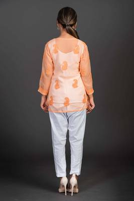 Peach Georgette Cotton  3/4th Sleeves Lucknowi Chikankari Womens Kurta With Slip 2