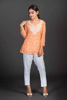 Peach Georgette Cotton  3/4th Sleeves Lucknowi Chikankari Womens Kurta With Slip 4