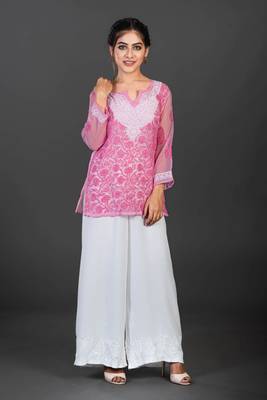 Ethnava Women's Chikankari Hand Embroidered Georgette Short Kurta with Slip 1