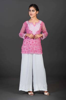 Ethnava Women's Chikankari Hand Embroidered Georgette Short Kurta with Slip 3