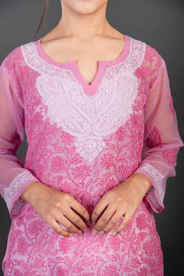 Ethnava Women's Chikankari Hand Embroidered Georgette Short Kurta with Slip 4