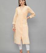 Ethnava Women's Chikankari Hand Embroidered Voile Cotton Frontslit Kurta With Slip