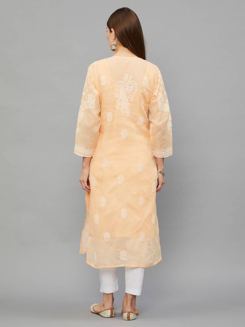 Ethnava Women's Chikankari Hand Embroidered Voile Cotton Frontslit Kurta With Slip