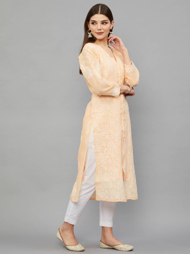 Ethnava Women's Chikankari Hand Embroidered Voile Cotton Frontslit Kurta With Slip