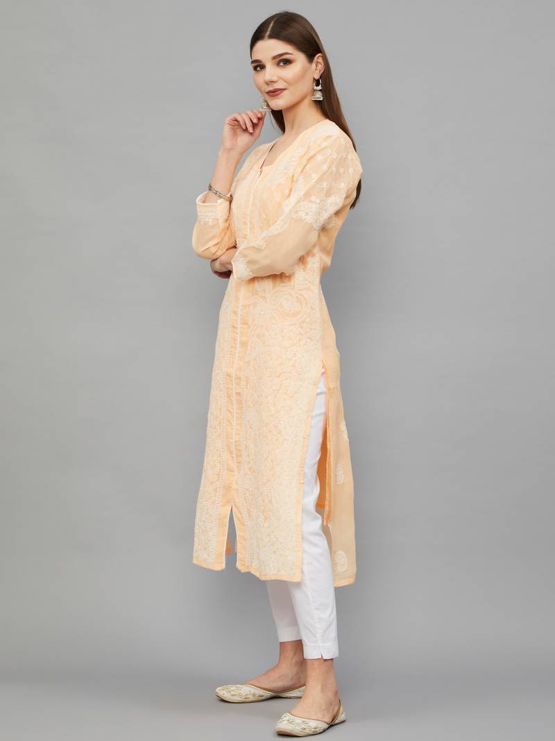 Ethnava Women's Chikankari Hand Embroidered Voile Cotton Frontslit Kurta With Slip