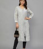 Ethnava Women's Chikankari Hand Embroidered Voile Cotton Frontslit Kurta With Slip