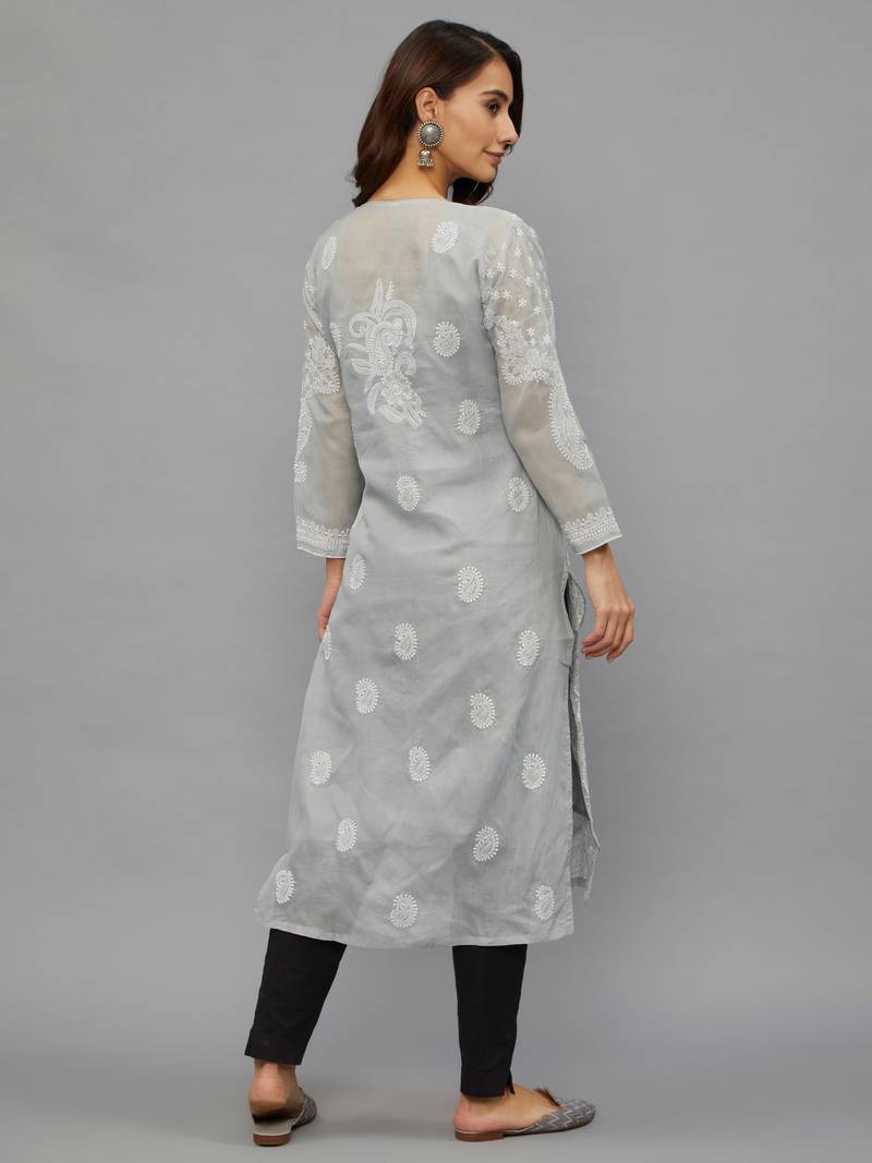 Ethnava Women's Chikankari Hand Embroidered Voile Cotton Frontslit Kurta With Slip