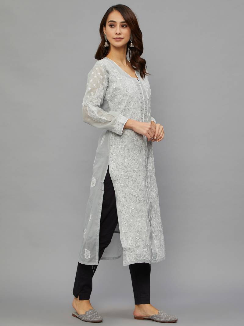 Ethnava Women's Chikankari Hand Embroidered Voile Cotton Frontslit Kurta With Slip