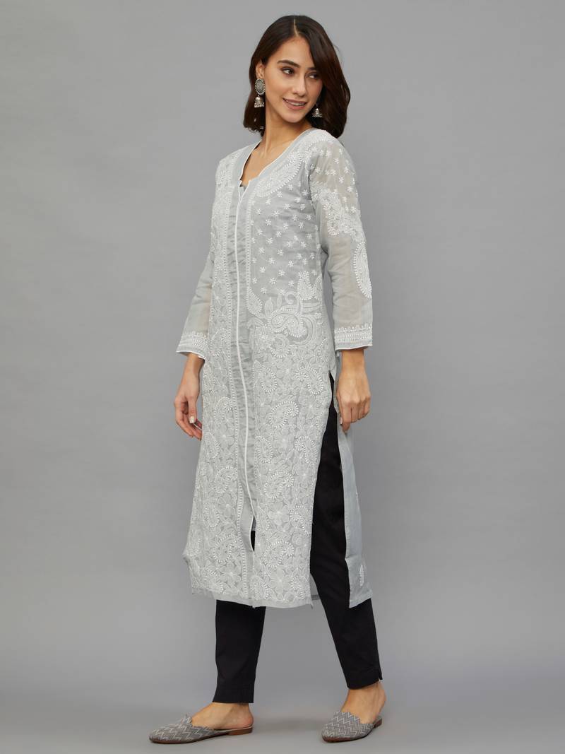 Ethnava Women's Chikankari Hand Embroidered Voile Cotton Frontslit Kurta With Slip