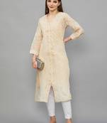 Ethnava Women's Chikankari Hand Embroidered Voile Cotton Frontslit Kurta With Slip