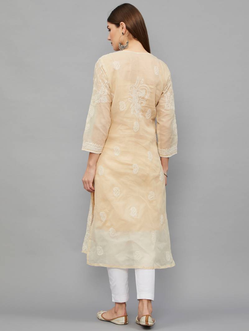 Ethnava Women's Chikankari Hand Embroidered Voile Cotton Frontslit Kurta With Slip