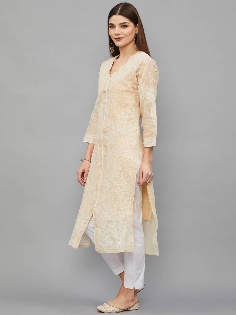 Ethnava Women's Chikankari Hand Embroidered Voile Cotton Frontslit Kurta With Slip