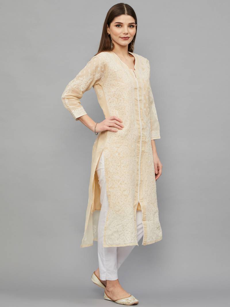 Ethnava Women's Chikankari Hand Embroidered Voile Cotton Frontslit Kurta With Slip