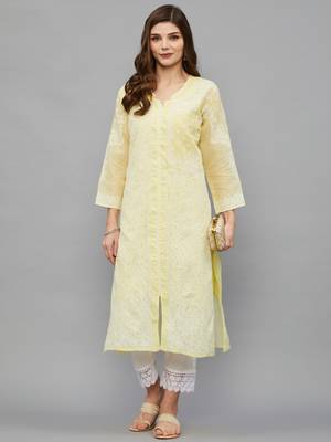 Ethnava Women's Chikankari Hand Embroidered Voile Cotton Frontslit Kurta With Slip 1