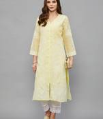 Ethnava Women's Chikankari Hand Embroidered Voile Cotton Frontslit Kurta With Slip
