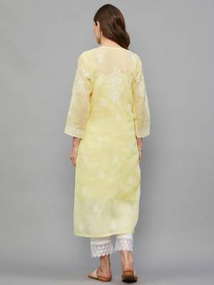Ethnava Women's Chikankari Hand Embroidered Voile Cotton Frontslit Kurta With Slip 2
