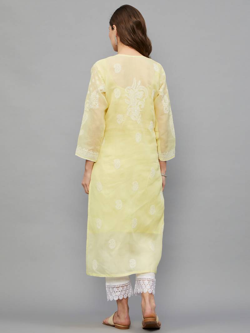 Ethnava Women's Chikankari Hand Embroidered Voile Cotton Frontslit Kurta With Slip