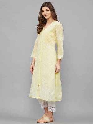 Ethnava Women's Chikankari Hand Embroidered Voile Cotton Frontslit Kurta With Slip 3