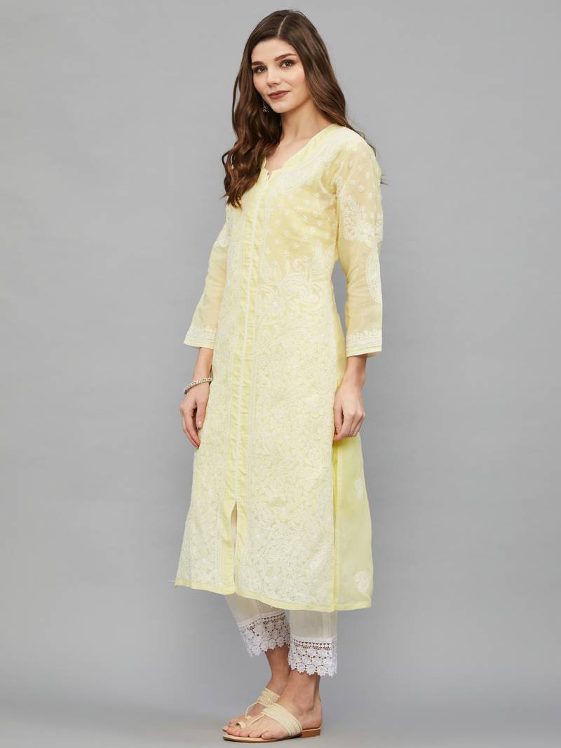 Ethnava Women's Chikankari Hand Embroidered Voile Cotton Frontslit Kurta With Slip