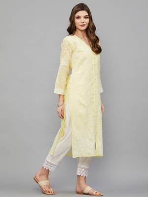 Ethnava Women's Chikankari Hand Embroidered Voile Cotton Frontslit Kurta With Slip 4
