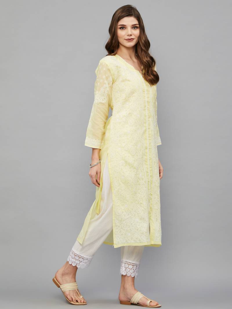 Ethnava Women's Chikankari Hand Embroidered Voile Cotton Frontslit Kurta With Slip