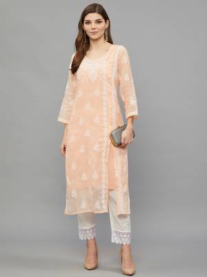 Ethnava Women's Chikankari Hand Embroidered Kota Frontslit Kurta With Slip 1