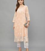 Ethnava Women's Chikankari Hand Embroidered Kota Frontslit Kurta With Slip