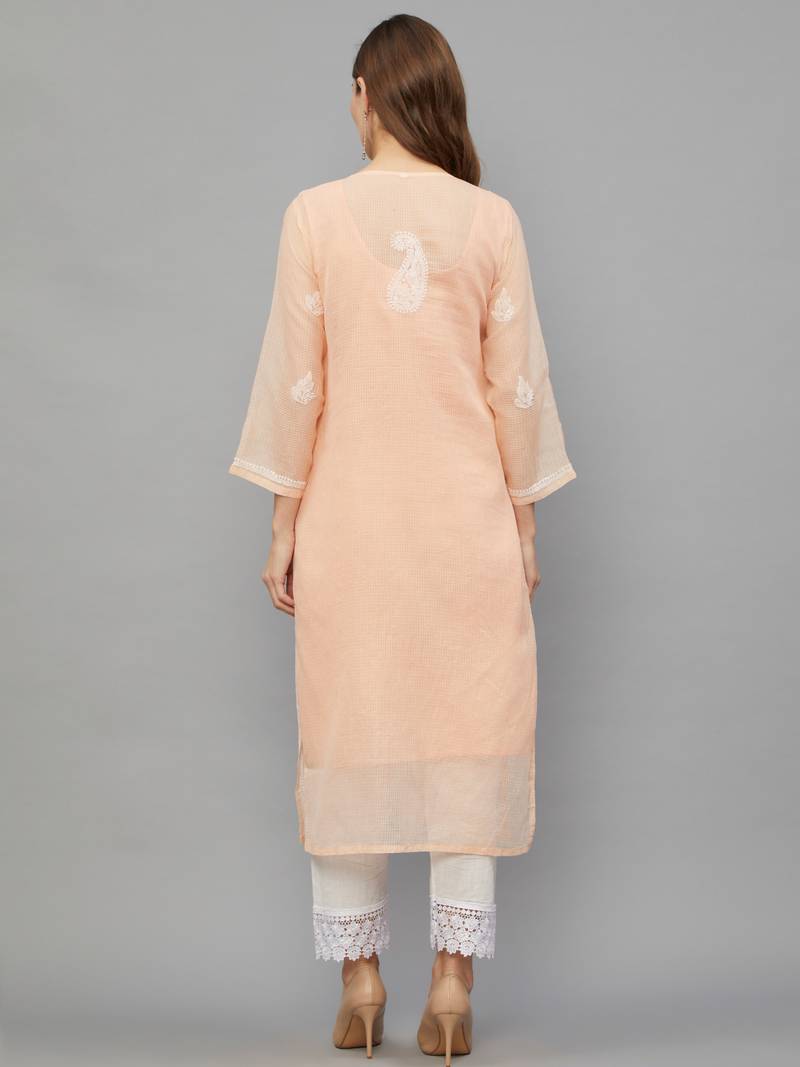 Ethnava Women's Chikankari Hand Embroidered Kota Frontslit Kurta With Slip