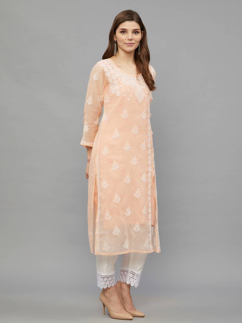 Ethnava Women's Chikankari Hand Embroidered Kota Frontslit Kurta With Slip