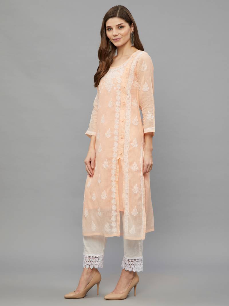 Ethnava Women's Chikankari Hand Embroidered Kota Frontslit Kurta With Slip