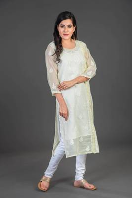 Ethnava Women's Chikankari Hand Embroidered Kota Frontslit Kurta With Slip 1