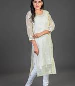 Ethnava Women's Chikankari Hand Embroidered Kota Frontslit Kurta With Slip