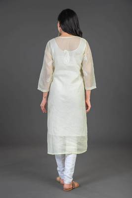 Ethnava Women's Chikankari Hand Embroidered Kota Frontslit Kurta With Slip 2