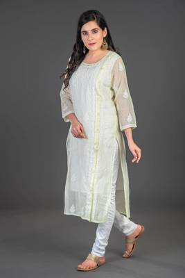 Ethnava Women's Chikankari Hand Embroidered Kota Frontslit Kurta With Slip 3