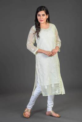Ethnava Women's Chikankari Hand Embroidered Kota Frontslit Kurta With Slip 4