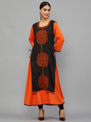 Ethnava Women's Chikankari Hand Embroidered Rayon Slub A Line Kurta 1