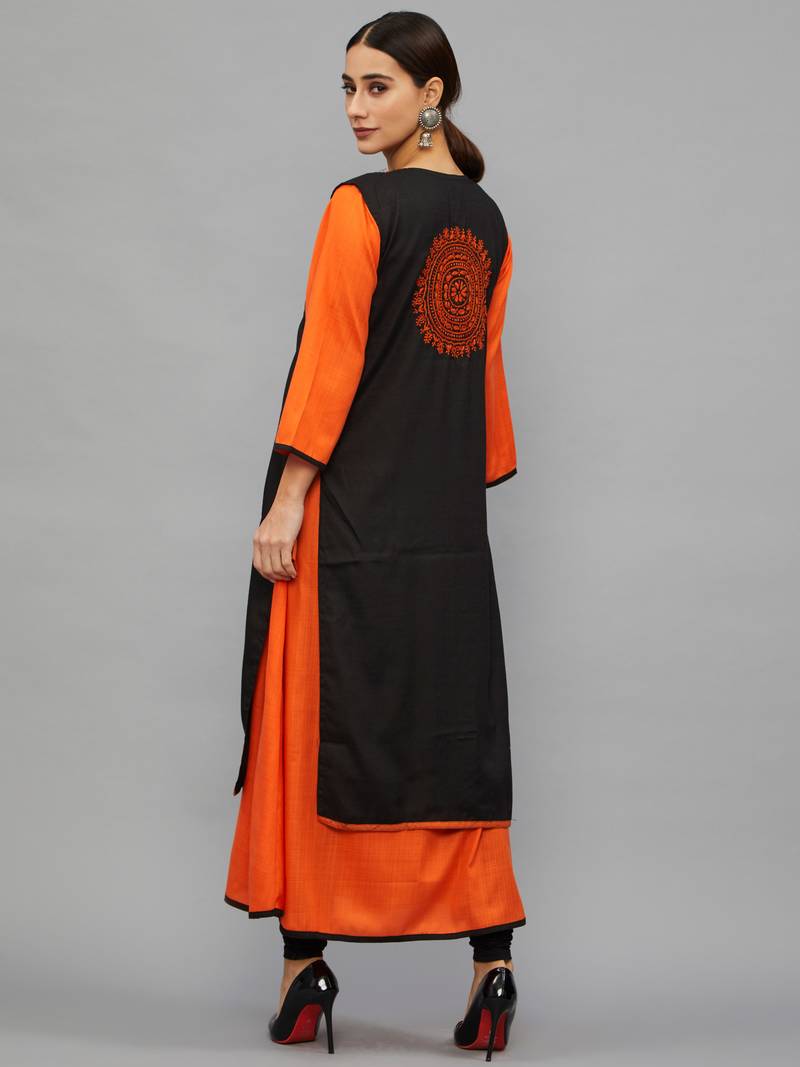 Ethnava Women's Chikankari Hand Embroidered Rayon Slub A Line Kurta