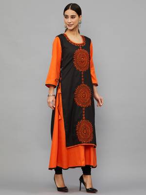 Ethnava Women's Chikankari Hand Embroidered Rayon Slub A Line Kurta 3