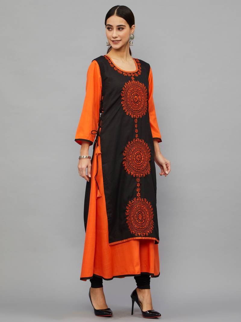 Ethnava Women's Chikankari Hand Embroidered Rayon Slub A Line Kurta