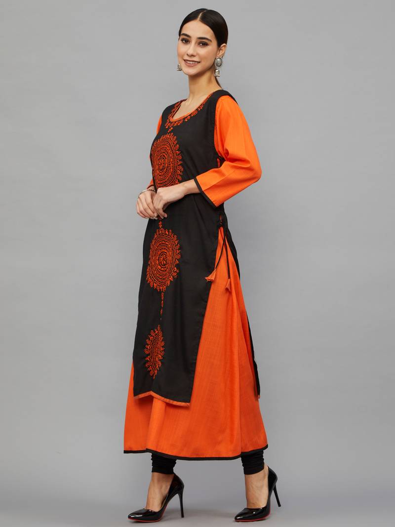 Ethnava Women's Chikankari Hand Embroidered Rayon Slub A Line Kurta