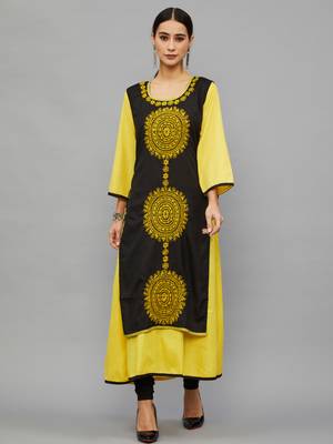 Ethnava Women's Chikankari Hand Embroidered Rayon Slub A Line Kurta 1