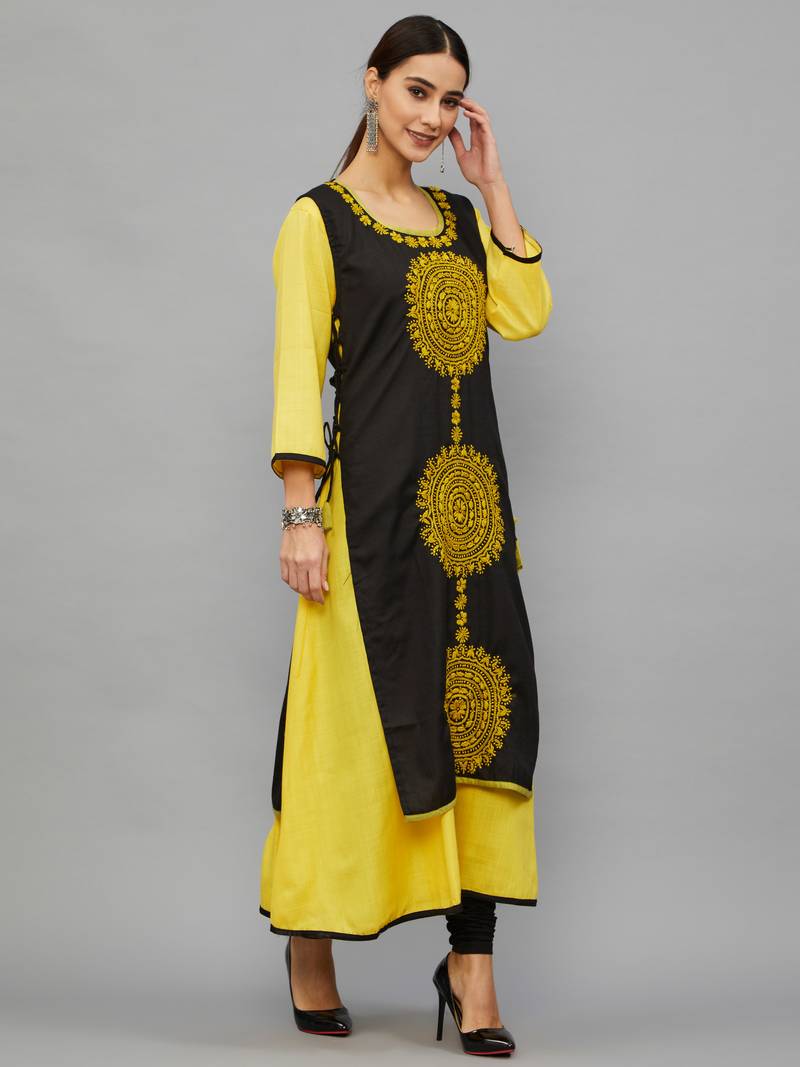 Ethnava Women's Chikankari Hand Embroidered Rayon Slub A Line Kurta