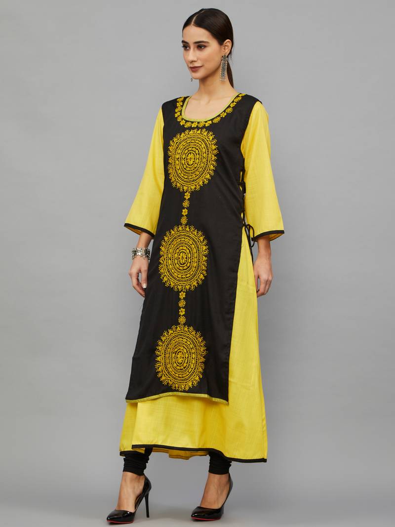 Ethnava Women's Chikankari Hand Embroidered Rayon Slub A Line Kurta