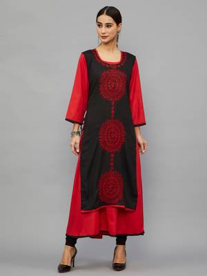 Ethnava Women's Chikankari Hand Embroidered Rayon Slub A-Line Kurta 1