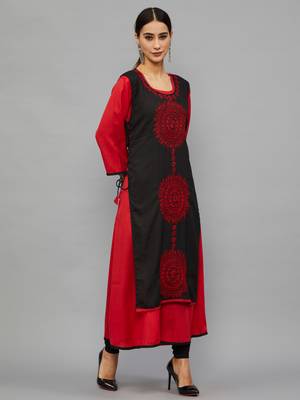 Ethnava Women's Chikankari Hand Embroidered Rayon Slub A-Line Kurta 3