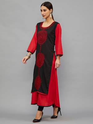 Ethnava Women's Chikankari Hand Embroidered Rayon Slub A-Line Kurta 4