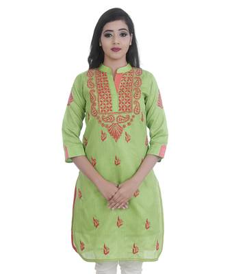 Ethnava Women's Chikankari Hand Embroidered Chanderi Straight Kurta 1