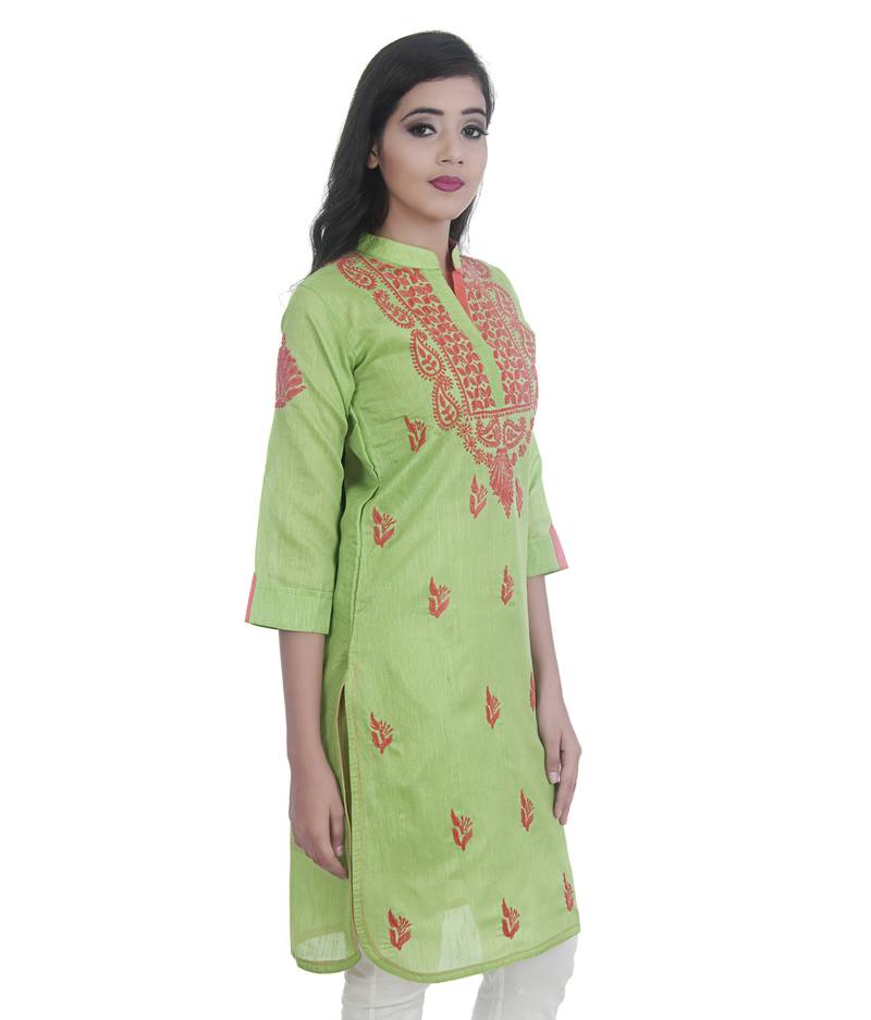 Ethnava Women's Chikankari Hand Embroidered Chanderi Straight Kurta